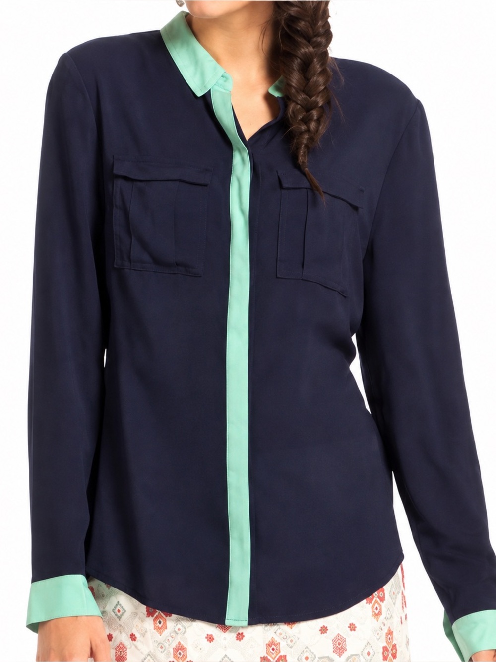 Maeve Anthropologie Bagatelle Navy Mint Colorblock Button Front Blouse Women’s 6